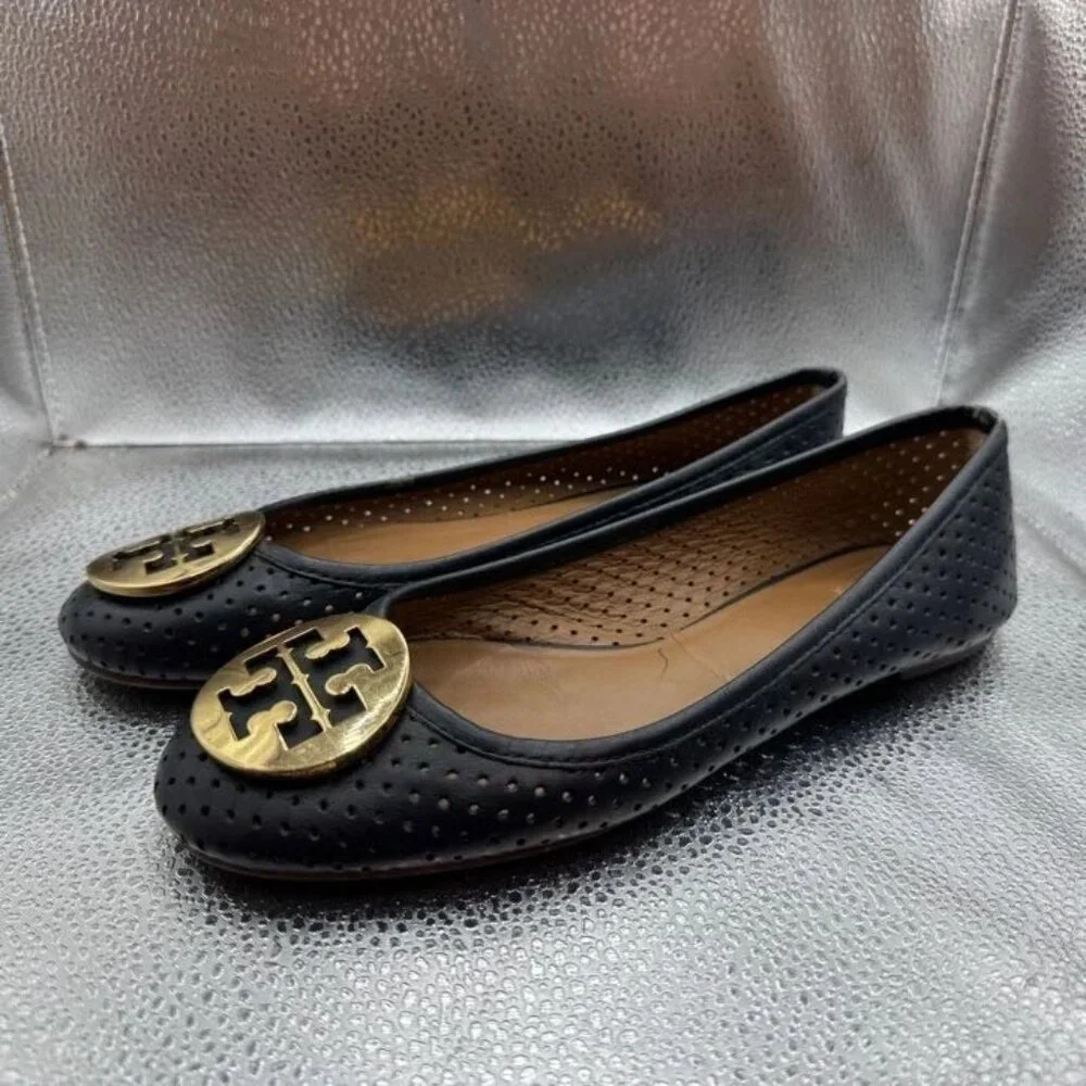 Sz 8 - Tory Burch Reva Perforated Womens Black Goldtone Logo Leather Flats‎